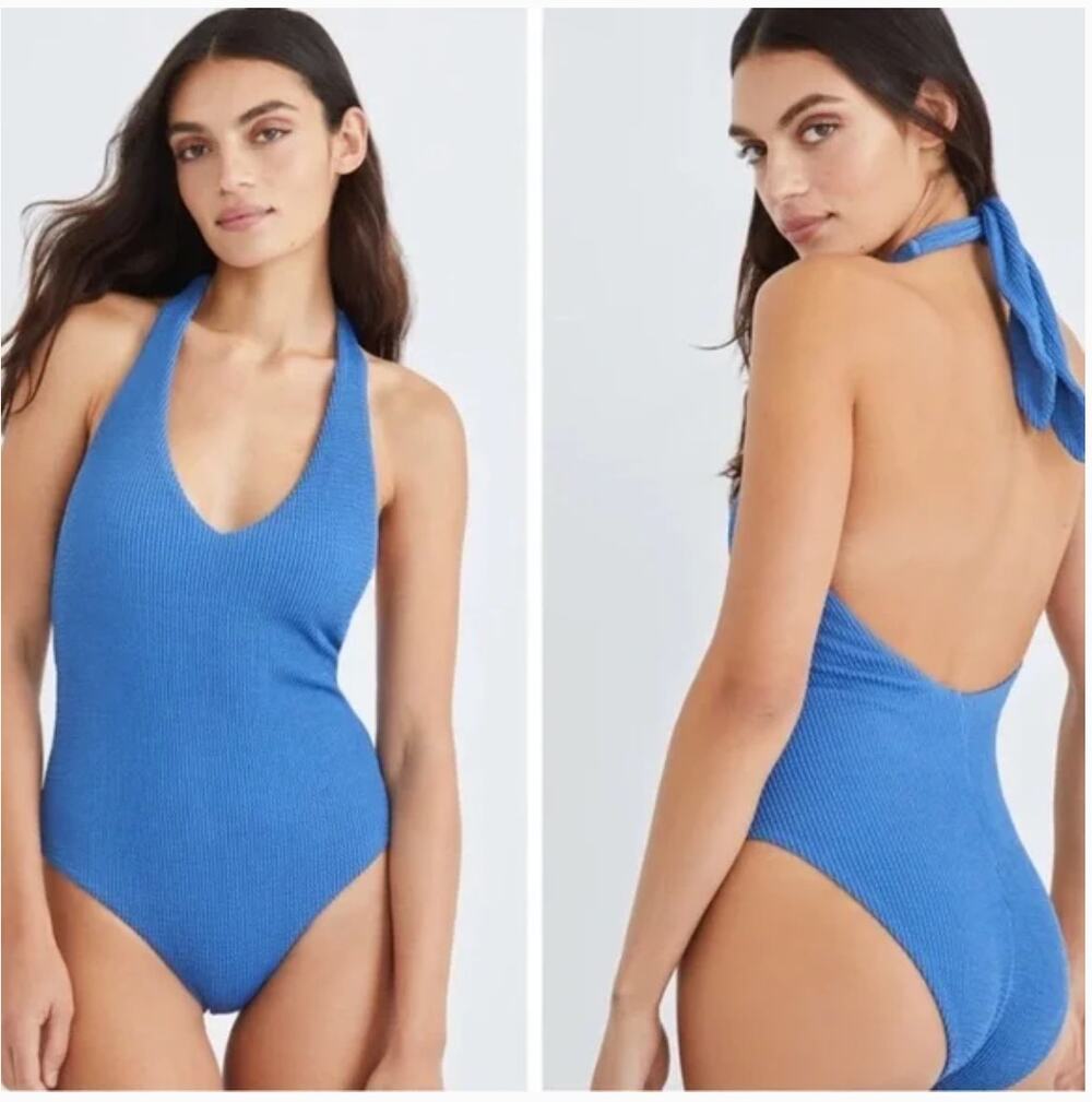 Veronica Beard Blue Textured Halter One-Piece Swimsuit Size M